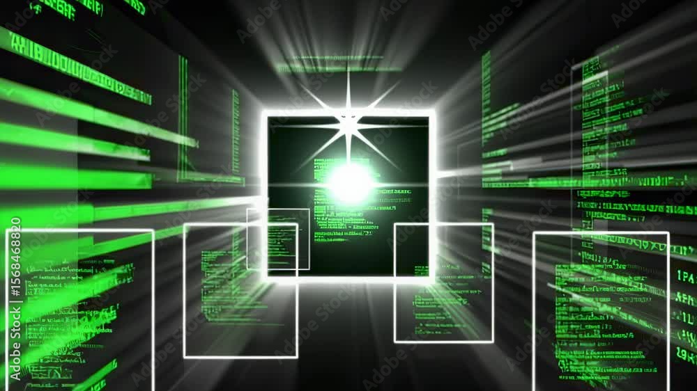 Poster abstract digital tunnel with glowing green code and light rays