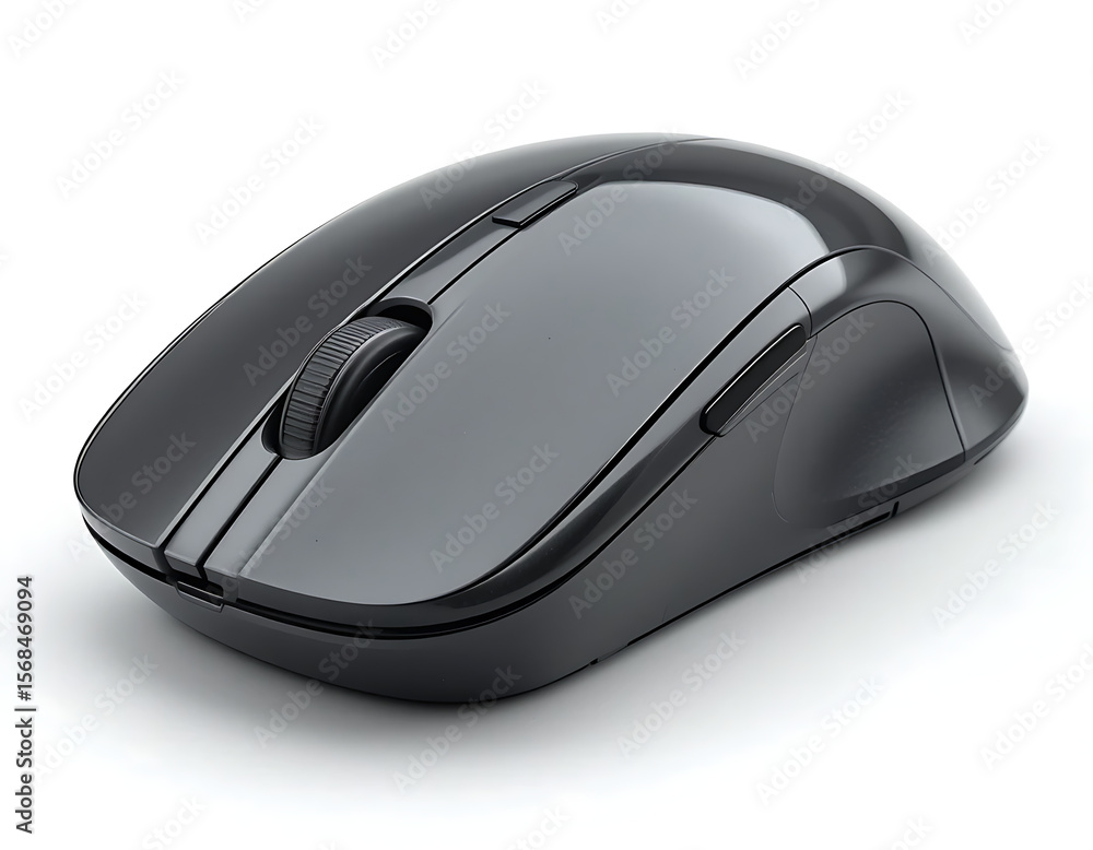 Poster a close up studio shot of a sleek dark gray wireless computer mouse on a white background surface
