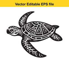Monochrome Sea Turtle Illustration Ornate Design Swimming Silhouette Artistic Representation Black and White Marine Life Nature Drawing
