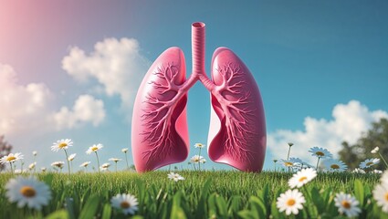 Pink lungs sit in a field of flowers with a bright blue sky promoting healthy lungs