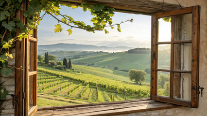 Fototapeta premium Rustic Window View of Vineyard Hills