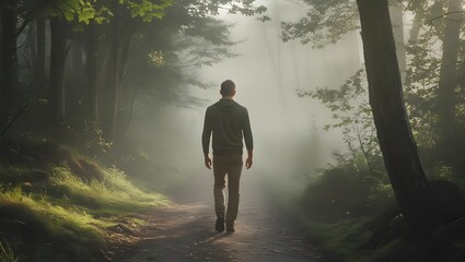 Man Walking in Foggy Forest

