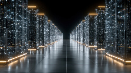 Glowing data streams illustrate distributed AI intelligence in a cyberpunk data network environment