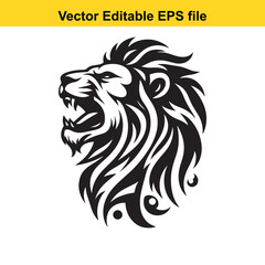 Majestic Lion Head Roaring Black and White Vector Design Symbolizing Strength and Courage in Graphic Art