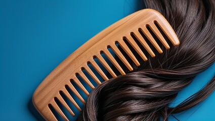 Dark brunette hair and wooden comb on a blue backdrop showcase healthy haircare.