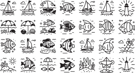 Minimal Line Leisure Icon Collection – Summer, Sea Life, and Fishing Activity Set for Travel, Vacation, and Outdoor Adventures

