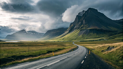 Winding Mountain Road Through Misty Icelandic Peaks