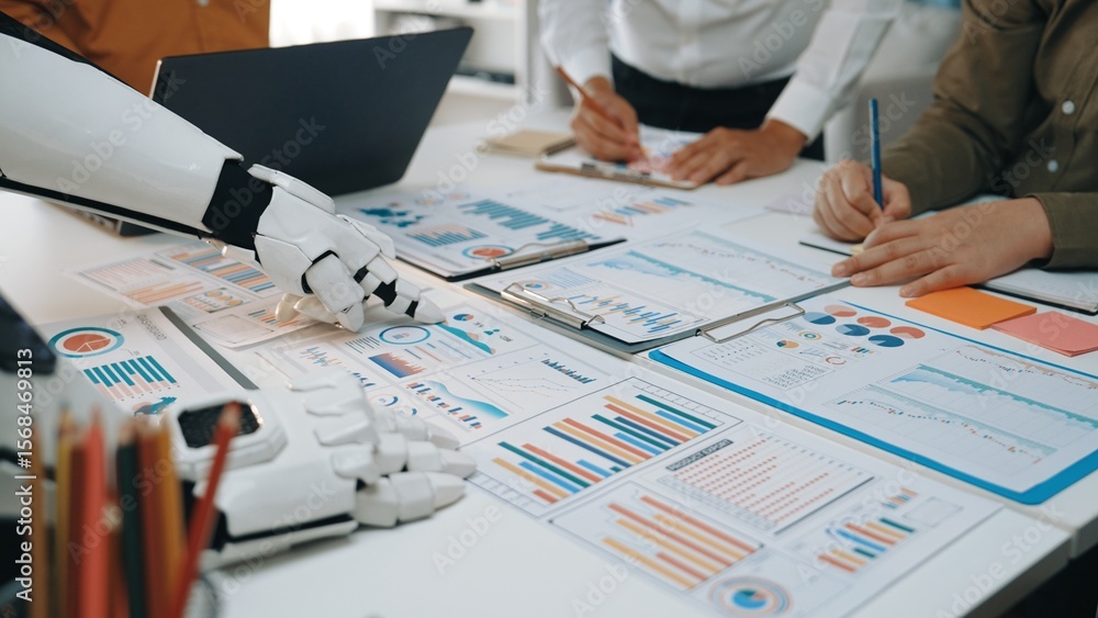 Poster a modern workspace scene showcasing a robot and human working together, analyzing various data chart