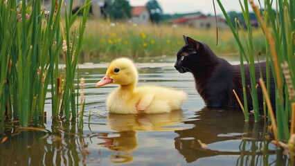 Young duckling and black cat in pond scene with grass and flowers