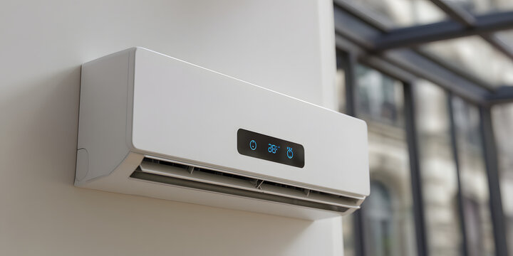Modern mini split heat pump air conditioning unit mounted on a white wall, with sleek design and digital display, indoors, against a blurred background.