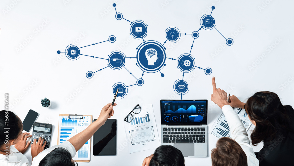 Poster a diverse team collaborates on artificial intelligence concepts, featuring data visualization and an
