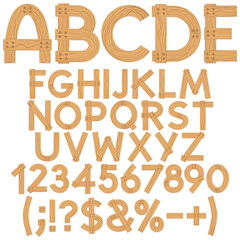 Font, alphabet, letters, numbers and signs from wooden boards. Isolated vector objects on white background.