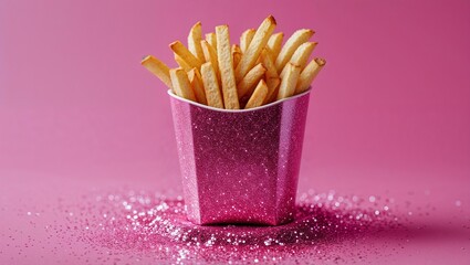 French fries in a vibrant pink glittery container create a fun and visually appealing fast food presentation