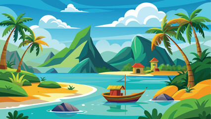 Tropical Island Landscape with Boat, Mountains, Palm Trees, and Beach Illustration