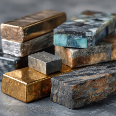 Rare earth metals arranged on a textured surface in an elegant setup with soft shadows for refined display