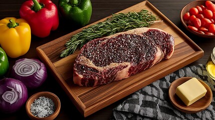the picture showcases a preparation scene, featuring a raw steak seasoned with spices lying on a wooden tray next to a rosemary sprig