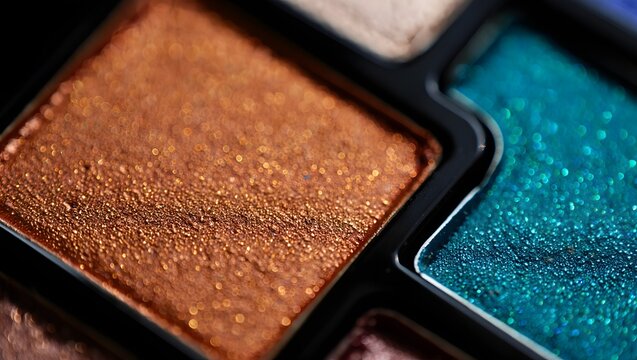 Close up of shimmer eyeshadow palette with bronze and teal colors for makeup looks - Powered by Adobe