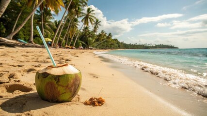 A coconut drink sits on a tropical beach