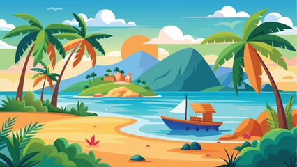 Tropical Island Paradise with Palm Trees, Beach, Boat, and Distant Mountains Landscape