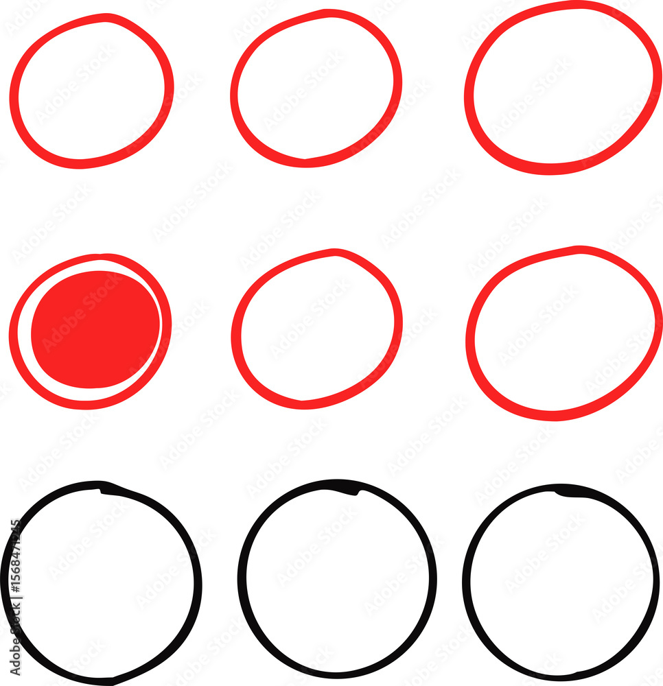 Poster red and black circle outlines on transparent background a collection of simple round shapes for high