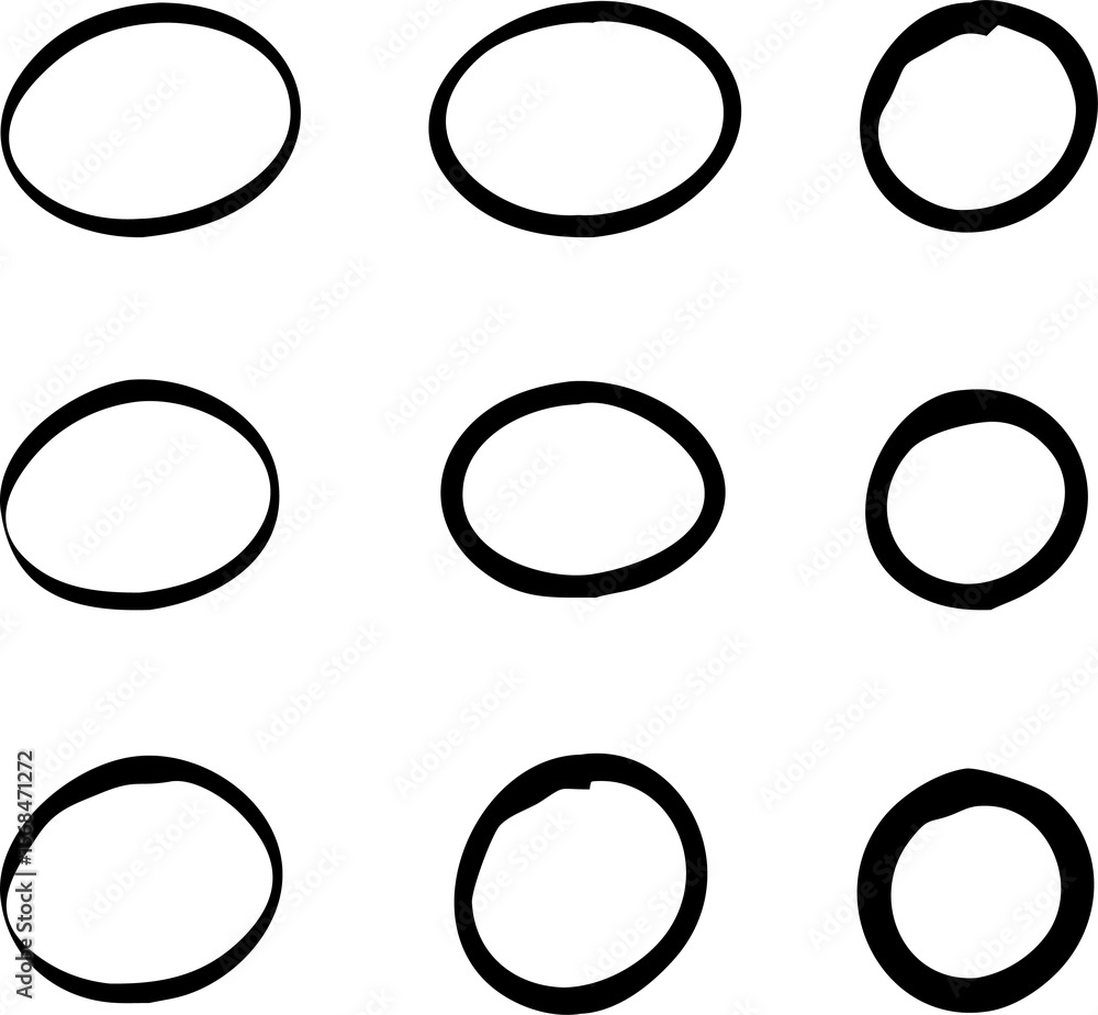Poster set of simple circle shapes with black outline on transparent background, ideal for design elements 
