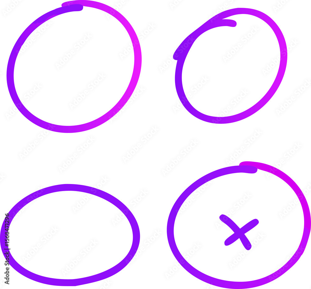 Poster a set of four hand-drawn purple circles on transparent background, ideal for highlighting and emphas