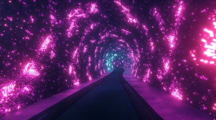 A neon tunnel stretches into the distance. Imagine a dark hall lit by glowing, triangular lights in pink and purple. It looks like a futuristic portal or a virtual reality space.
