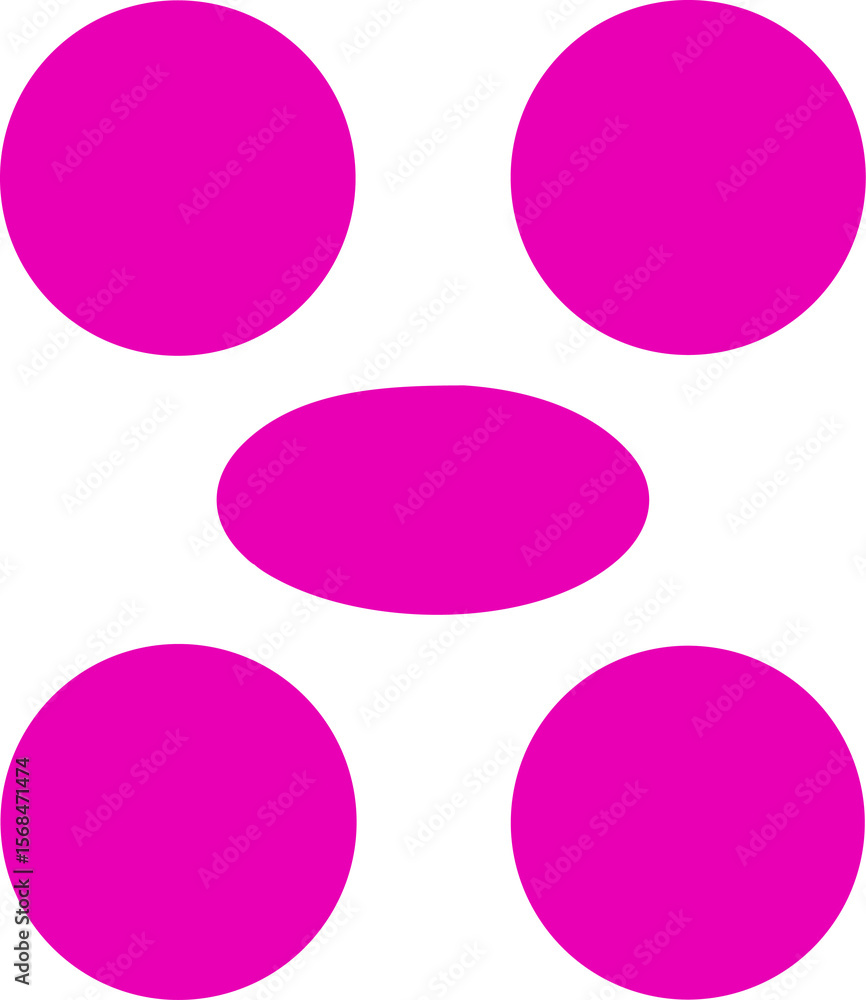 Poster abstract arrangement of five magenta circles and ovals on a checkered background, creating a modern 