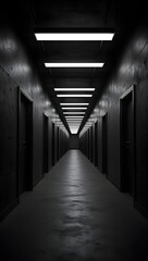 Dark hallway with doors and lights stock photo for horror movie scene background use