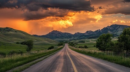 A paved road runs through green mountains under a cloudy sunset sky. A scenic outdoor road view.
