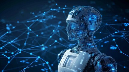 AI uses computer intelligence. It's shown with blue lines and dots. This connects digital ideas, science, and networks.
