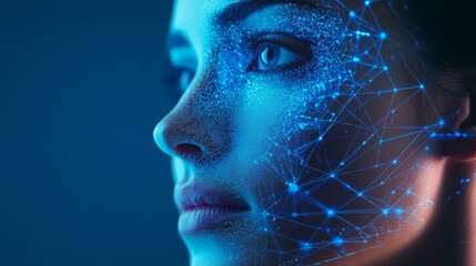 AI uses computer intelligence. It's shown with blue lines and dots. This connects digital ideas, science, and networks.
