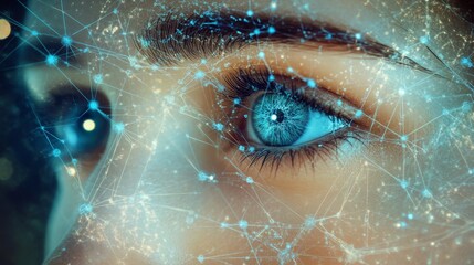 AI uses computer intelligence. It's shown with blue lines and dots. This connects digital ideas, science, and networks.
