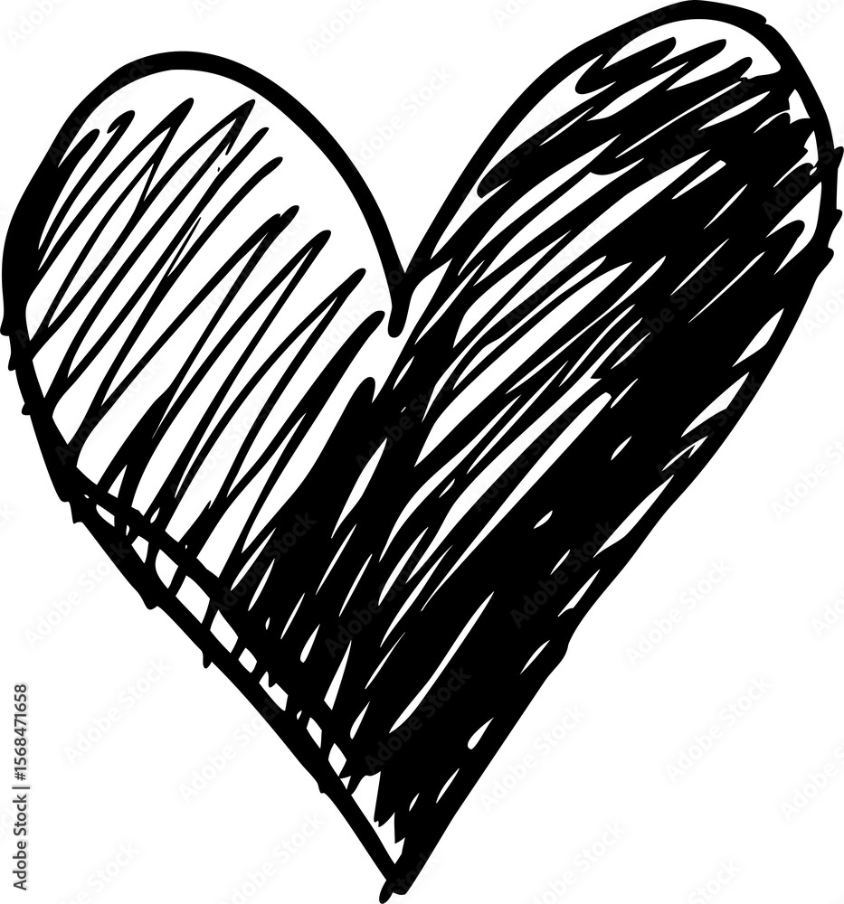 Poster a bold black heart with scribbled lines on a transparent background, conveying intensity and raw emo
