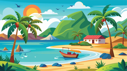 Cartoon Island Scene with Sandy Beach, Palm Trees, House, Boat, Mountains, and Birds