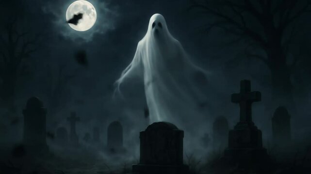 Mysterious white ghost floating in a foggy graveyard under a bright full moon during Halloween night footage.