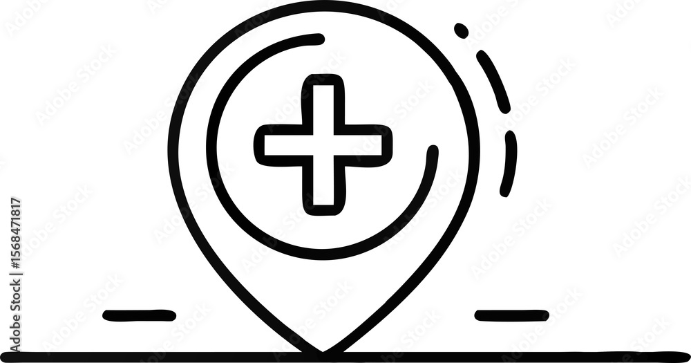 Poster medical location icon with plus sign in a circular pinpoint design, ideal for healthcare maps and na