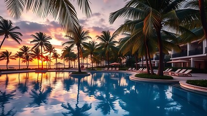Fototapeta premium A tropical resort poolside with empty loungers and sunset reflections, creating a romantic escape.
