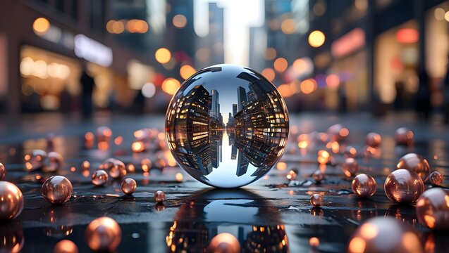 Cityscape reflection in glass orb on wet pavement with bokeh lights background view - Powered by Adobe