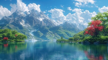 Tranquil lake scene with snow-capped mountains, lush green forests, and a clear blue sky dotted with clouds