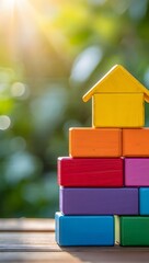 Colorful wooden blocks house building toy construction childhood development concept