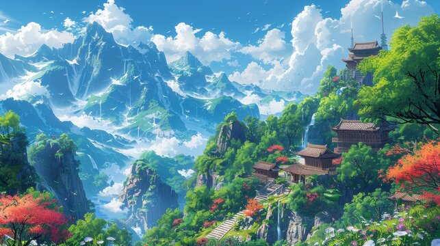 Serene mountain range vista with temple structures nestled among lush foliage under a bright, cloudy sky