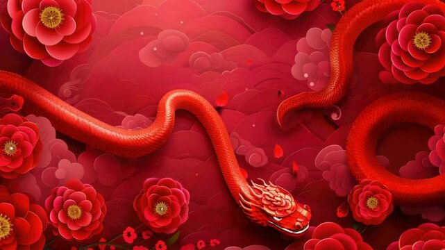 A close-up of a red snake surrounded by colorful flowers on a bright red background