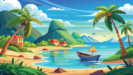 Colorful Cartoon Scene of Tropical Beach with Boat, Palm Trees, Houses, and Mountains