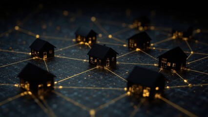 Connected Houses: A network of illuminated model houses joined by bright golden lines on dark surface.