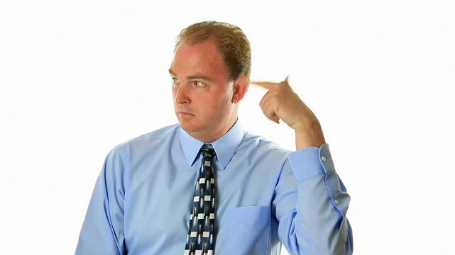 Businessman doing crazy sign isolated background 