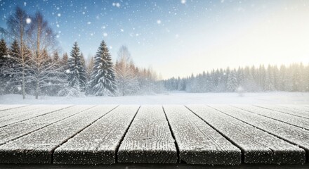 A snowy winter landscape with a wooden table
