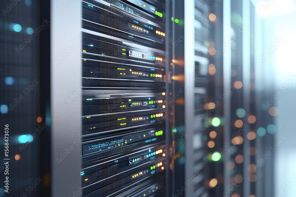 Poster Close-up of modern server racks in a bright data center with glowing lights and network indicators, ideal for tech infrastructure, cloud systems, and IT service visuals