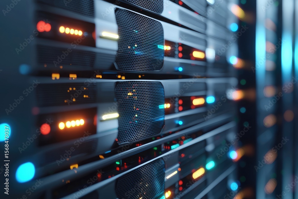 Leinwandbilder High-detail view of mesh-covered data center servers with glowing indicators, ideal for illustrating cloud computing, IT infrastructure, and digital network technology concepts