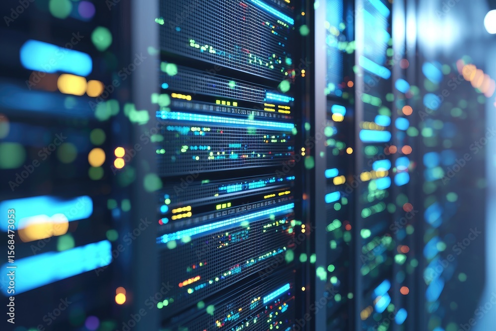 Poster Brightly lit server racks in a futuristic data center with floating digital particles, perfect for cloud computing, IT infrastructure, AI processing, and cybersecurity concepts